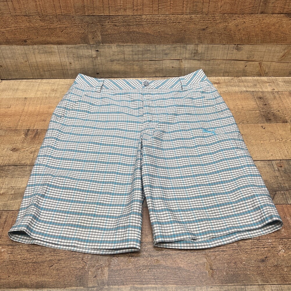 Puma Dry Cell Mens Blue/Gray Plaid Golf Shorts Flat Size 32